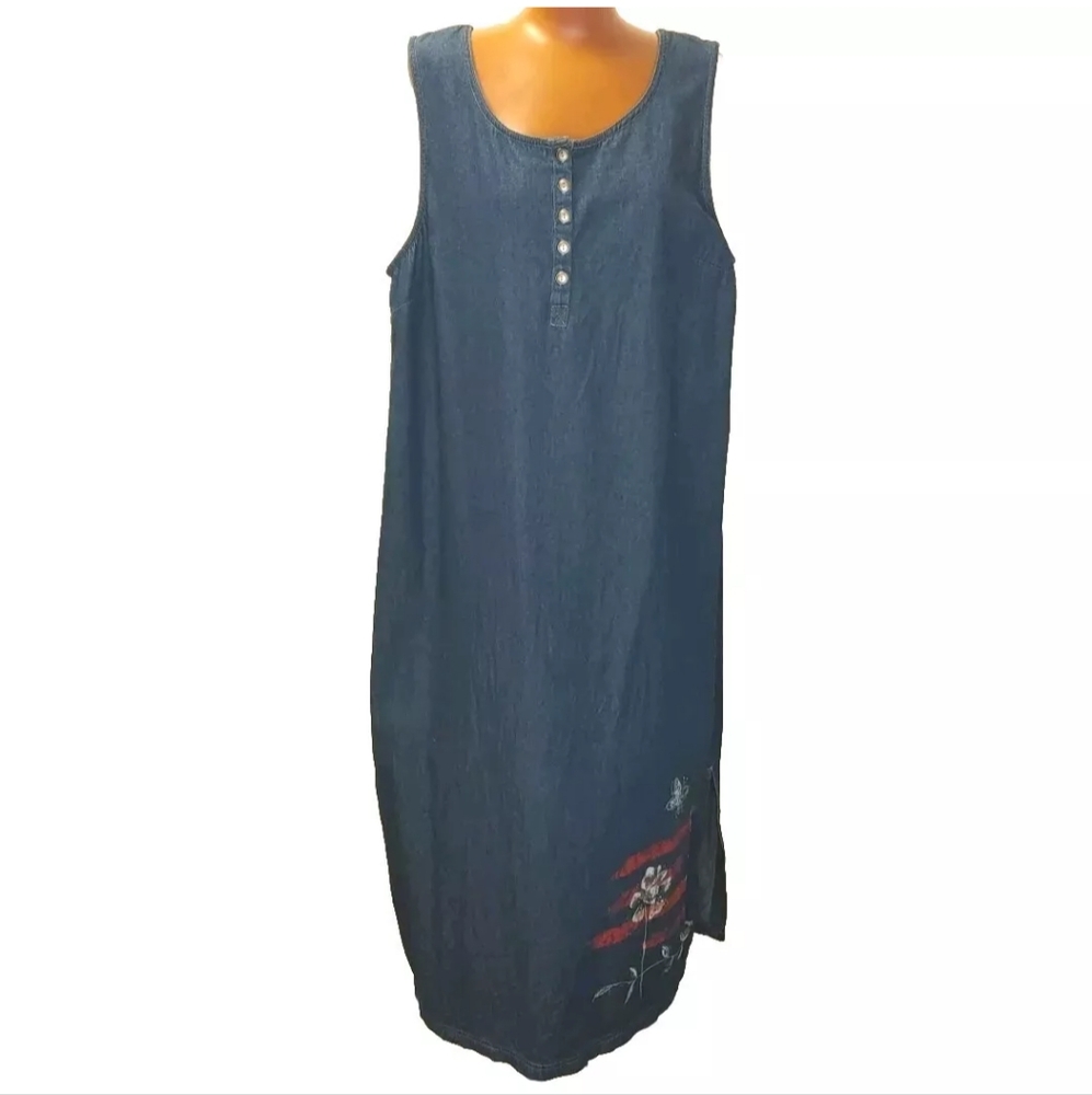 Y2k Vtg Lagenlook Maxi Jumper Dress Plus 18W Butterfly Floral Blue Denim Modest